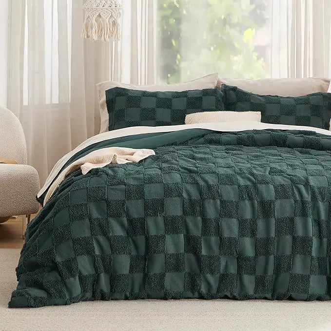 Lightweight Jacquard Tufted Plaid 3-Piece All-Season Duvet Cover Set