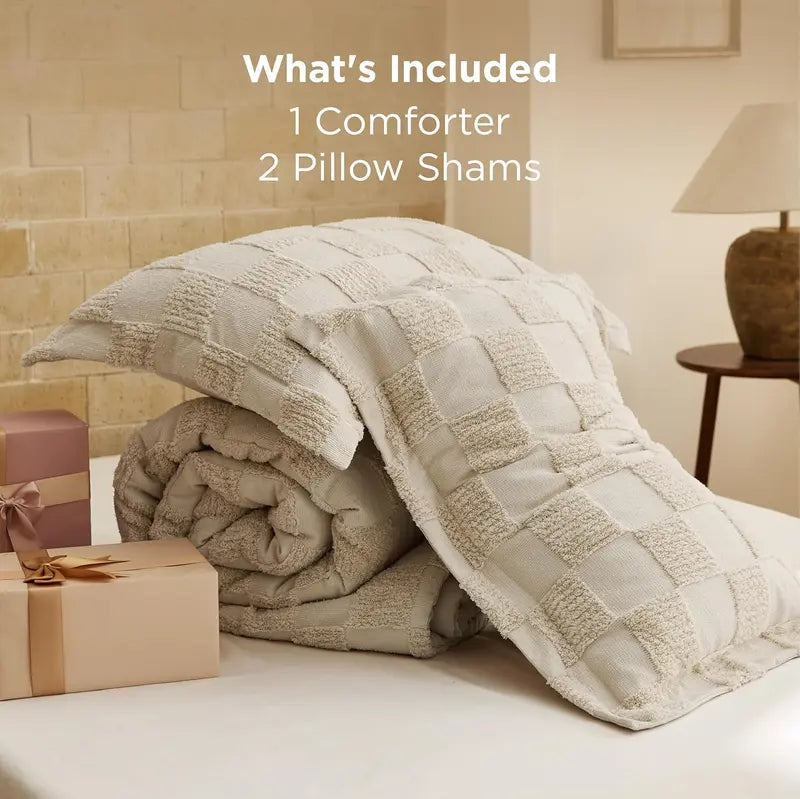 Lightweight Jacquard Tufted Plaid 3-Piece All-Season Duvet Cover Set