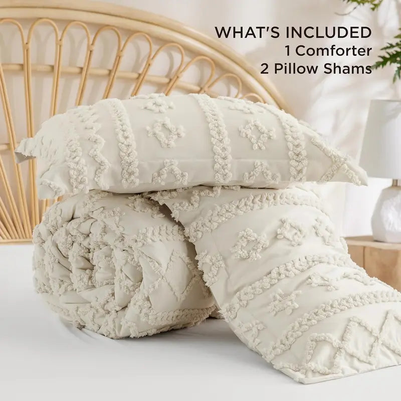 Tufted Boho Jacquard Comforter 3-Piece Set (1 Comforter + 2 Pillow Shams)