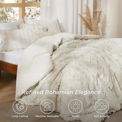 Tufted Boho Jacquard Comforter 3-Piece Set (1 Comforter + 2 Pillow Shams)
