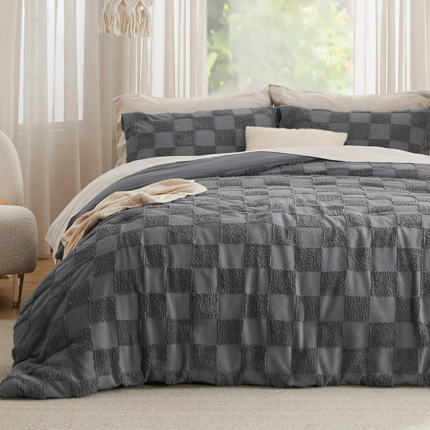 Lightweight Jacquard Tufted Plaid 3-Piece All-Season Duvet Cover Set