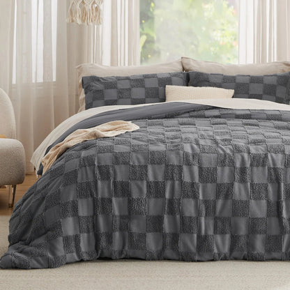 Lightweight Jacquard Tufted Plaid 3-Piece All-Season Duvet Cover Set